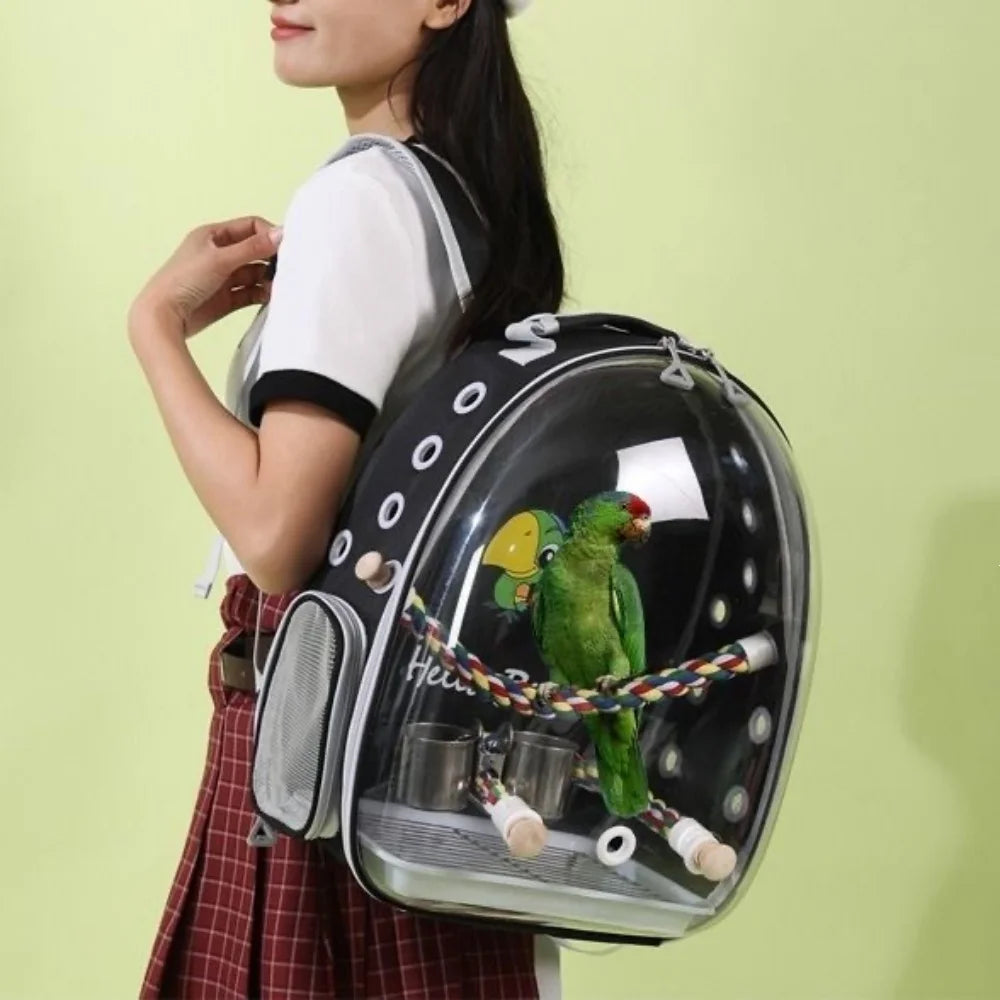 Bird Carrier Bird Backpack with Perch Rope & Tray for Parrot Parakeet Macaw Cockatiel Acrylic Pet Cage Portable Birds Bag