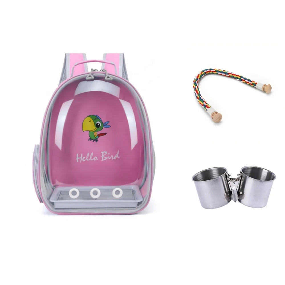 Bird Carrier Bird Backpack with Perch Rope & Tray for Parrot Parakeet Macaw Cockatiel Acrylic Pet Cage Portable Birds Bag