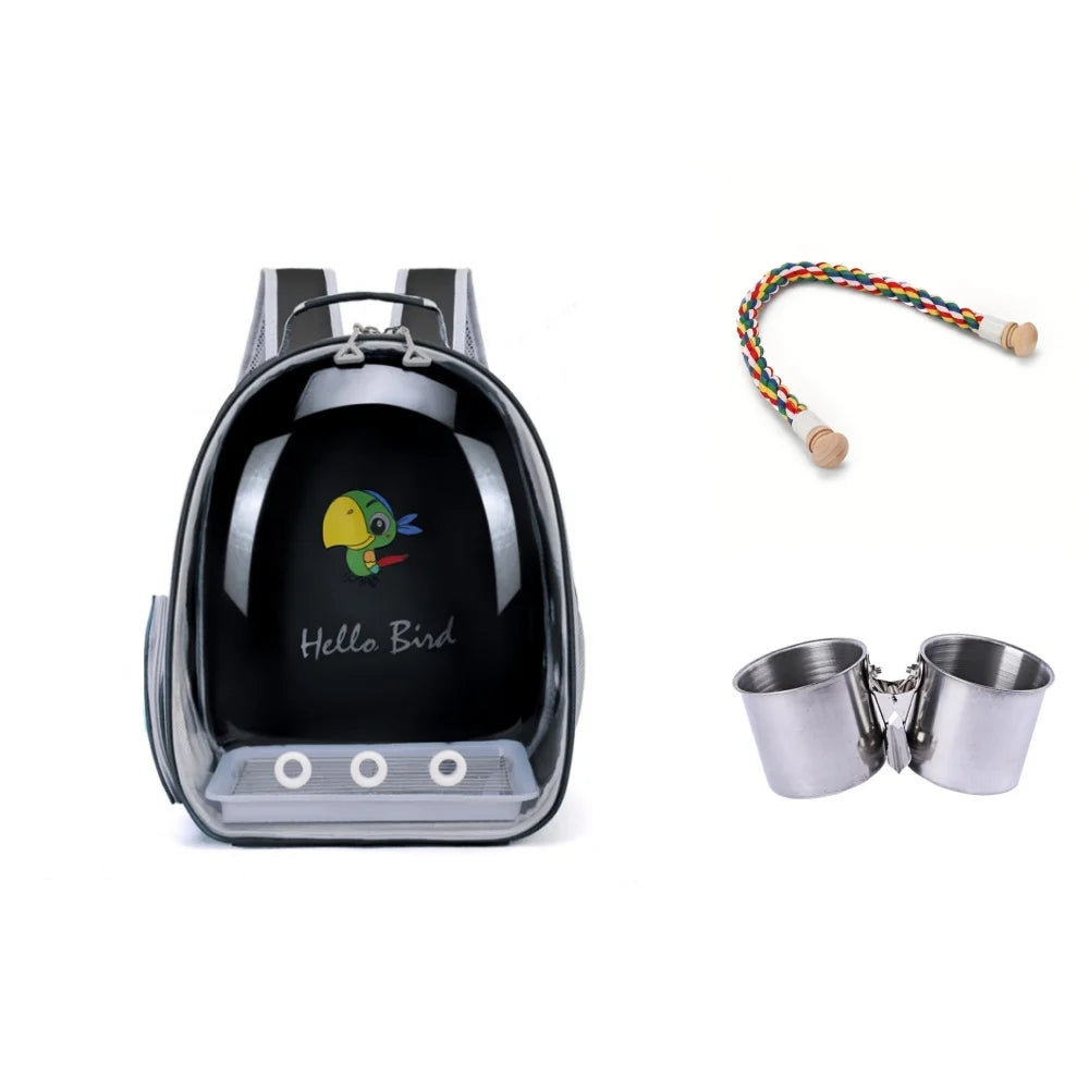 Bird Carrier Bird Backpack with Perch Rope & Tray for Parrot Parakeet Macaw Cockatiel Acrylic Pet Cage Portable Birds Bag