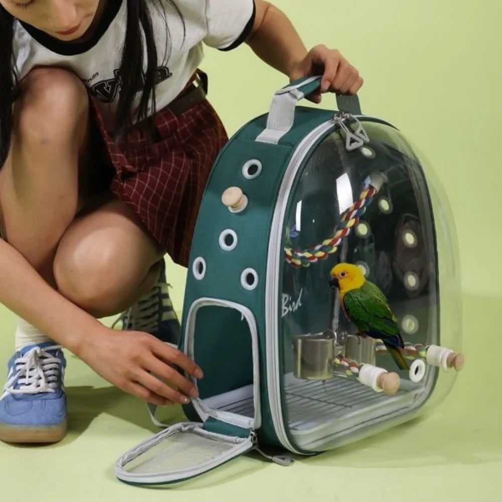 Bird Carrier Bird Backpack with Perch Rope & Tray for Parrot Parakeet Macaw Cockatiel Acrylic Pet Cage Portable Birds Bag